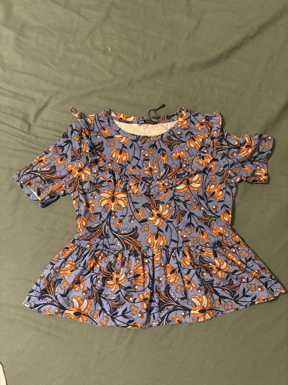 Zara Floral Peplum Top with Orange Accents